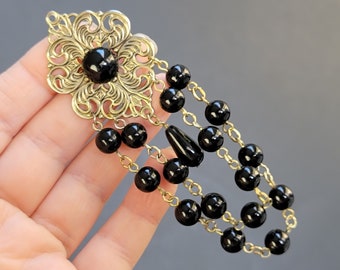 Vintage black drop beaded link brooch pin,statement brooch chain pin