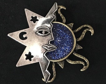 sunshine brooch  and Blue Enamel Pointed Sun Brooch Pin,Celestial brooch, Celestial jewelry witchy,Celestial sun and moon, Sunshine brooch