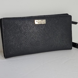 Cartera Kate Spade de piel negra con cremallera y borlas grandes para mujer, cartera grande para mujer, cartera Kate Spade de piel de alta calidad.