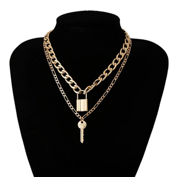 Gold Key and Padlock chain necklace, layered neck… - image 3