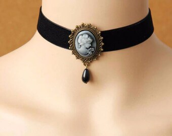 Schwarzer Samt Vintage Gothic-Halsband im viktorianischen Stil, Cameo-Band-Halsband, Spitzen-Halsband, Halsband-Halskette für Frauen