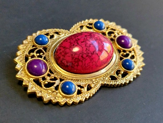 Gold multi color cabochon gem brooch,gem brooch, … - image 7