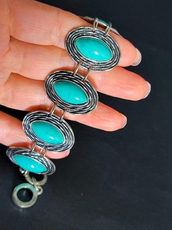 Silver turquoise cabochon link bracelet, Textiter 