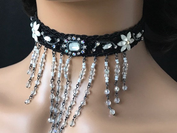 Rhinestones black velvet choker, Black beaded cho… - image 2