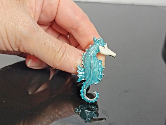 Teal enamel seahorse brooch,something blue for br… - image 6