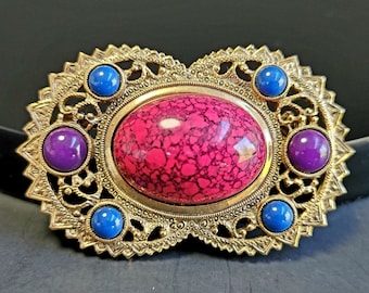 Gold multi color cabochon gem brooch,gem brooch, gemstone statement brooch pin, Costume Brooch Estate Jewelry