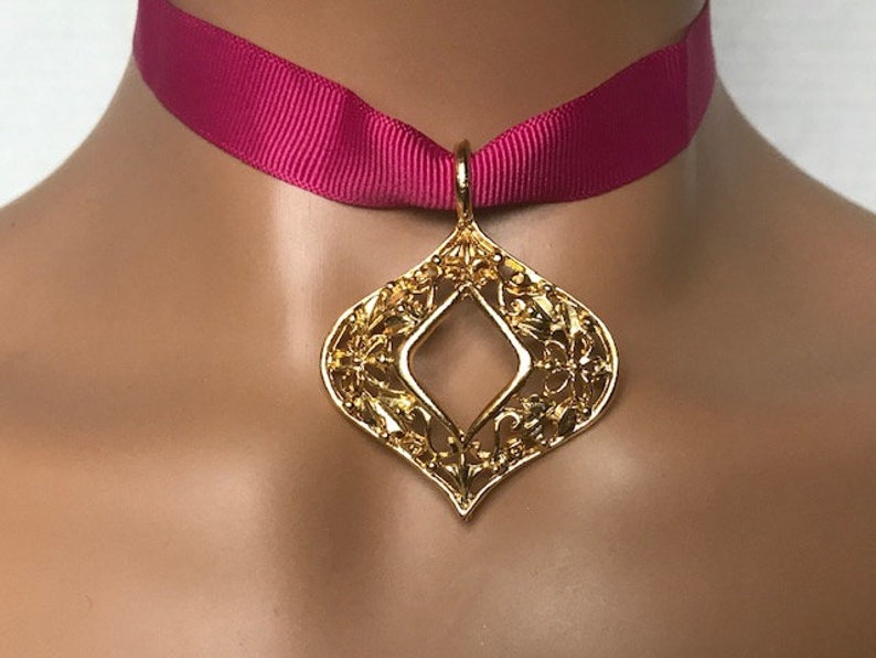 Gift for Her Gold Rhombus Ribbon Choker and Pendant 21st birthday gift for her Pink ribbon choker Ribbon choker necklace