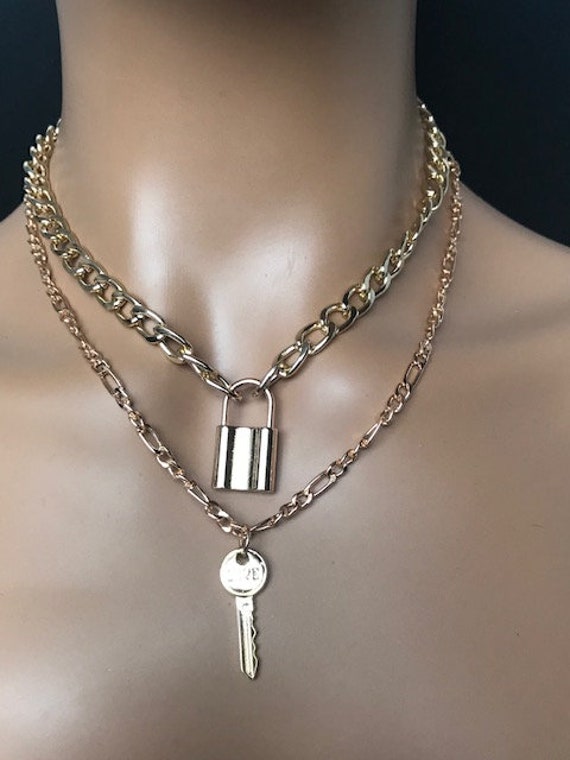 Gold Key and Padlock chain necklace, layered neck… - image 7