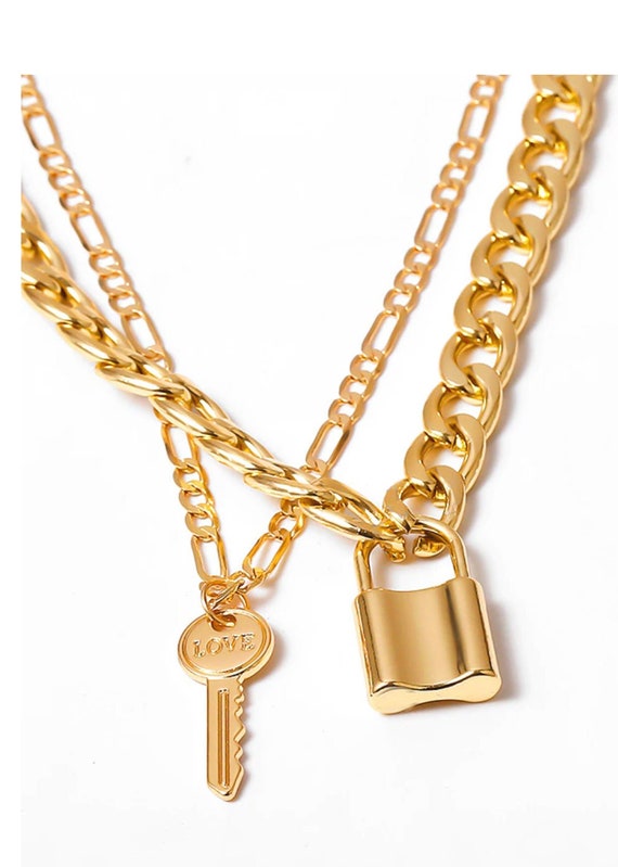 Gold Key and Padlock chain necklace, layered neck… - image 2