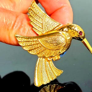 Vintage Gold Hummingbird Brooch | Red Eye Bird Pin | Textured Gold Animal Jewelry | Nature Statement Lapel Pin