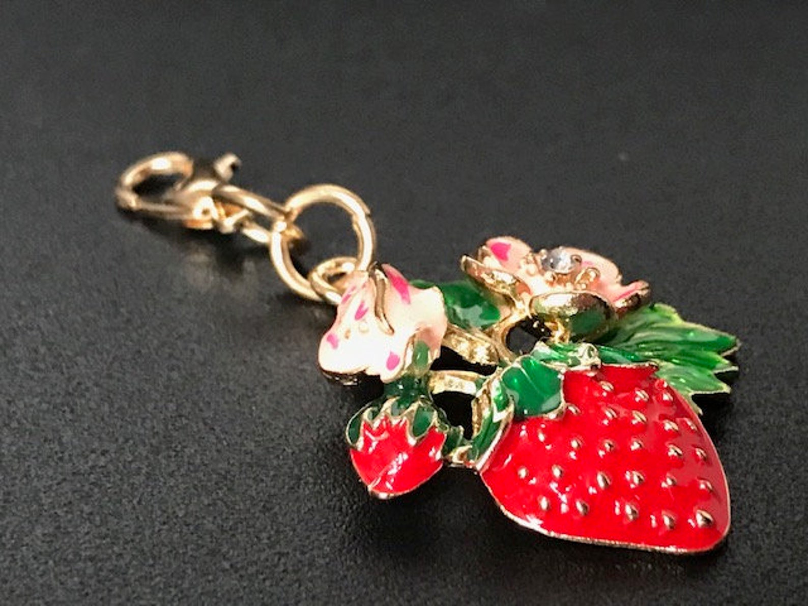 Enamel Strawberry Small Keychain With Pink Flowers and Etsy