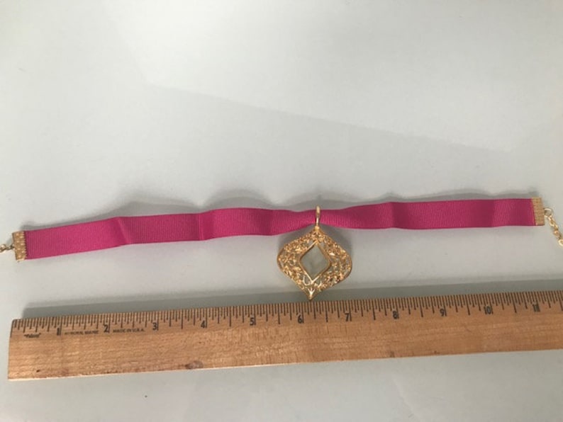 Gift for Her Gold Rhombus Ribbon Choker and Pendant 21st birthday gift for her Pink ribbon choker Ribbon choker necklace
