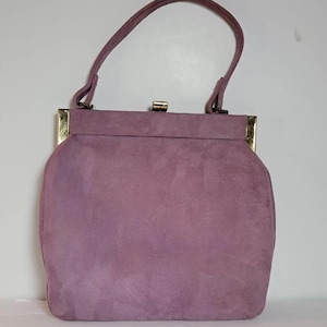 1950er Jahre Vintage Lila-Rosa Wildleder Handtasche mit Henkel und Druckknopf - Retro Geldbörse