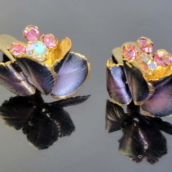 Austrian crystal orchid flower clip on earrings,non pierced earrings,austrian crystal earrings,purple floral earrings