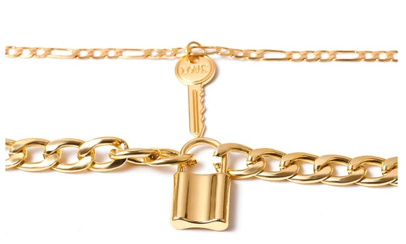 Gold Key and Padlock chain necklace, layered neck… - image 6
