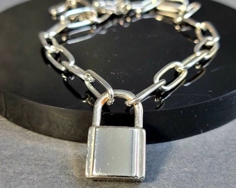 Chunky Silver tone padlock chain necklace,necklace with padlock,padlock necklace men,padlock lock charm pendant