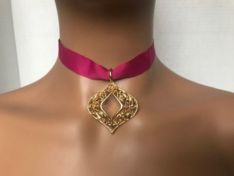Gift for Her Gold Rhombus Ribbon Choker and Pendant 21st birthday gift for her Pink ribbon choker Ribbon choker necklace