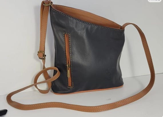 Black and Tan Italian Leather Handbag Full Grain Women's Purus