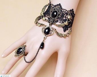New Elegant Gothic Style Lace Red Rose Bracelet with Adjustable Finger Ring CA 