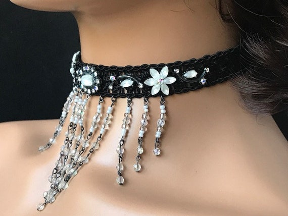 Rhinestones black velvet choker, Black beaded cho… - image 5