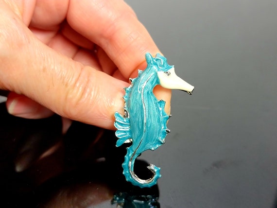 Teal enamel seahorse brooch,something blue for br… - image 10
