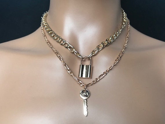 Gold Key and Padlock chain necklace, layered neck… - image 4
