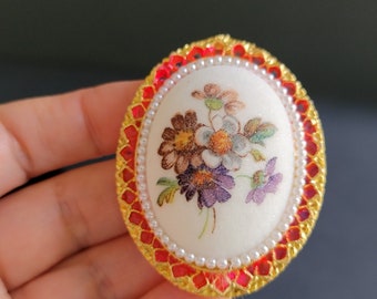 Large oval flower cameo brooch,cameo brooch vintage, cameo flower brooch, enamel jewelry handmade,hand painted jewelry