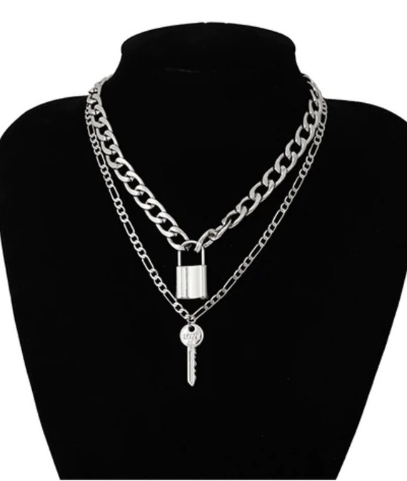 Silver padlock chain necklace, silver padlock neck