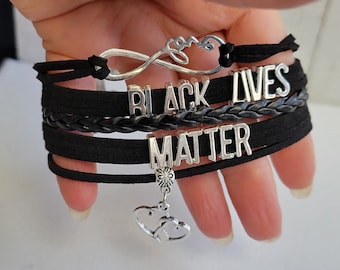 Black Life Matter heart and leather bracelet, Braided leather bracelet, black history month,braided unisex leather bracelet,Fists up hand,
