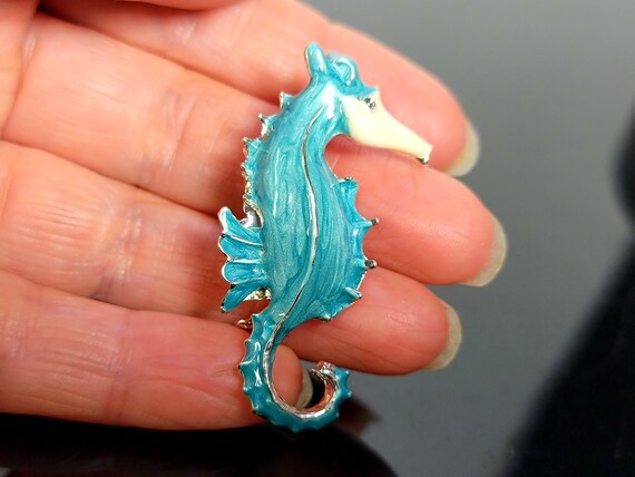 Teal enamel seahorse brooch,something blue for br… - image 2