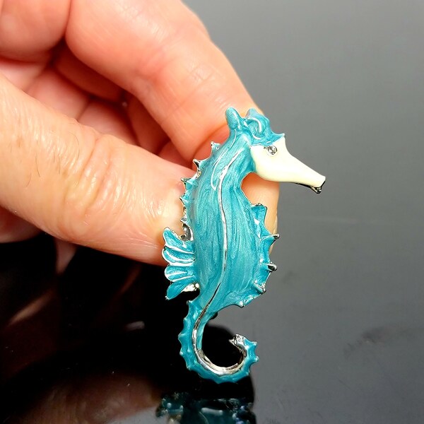 Teal enamel seahorse brooch,something blue for bride