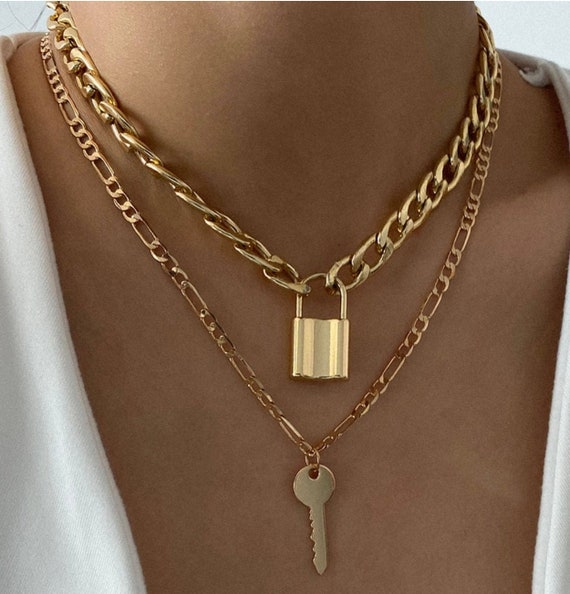 Gold Key and Padlock chain necklace, layered neck… - image 1