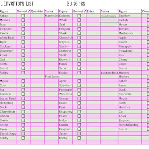 May include: A pink and white inventory list titled "SONNY ANGEL INVENTORY LIST BY series." The list is organized by series, with columns for figure names, and checkboxes for "Owned" and "Quantity."