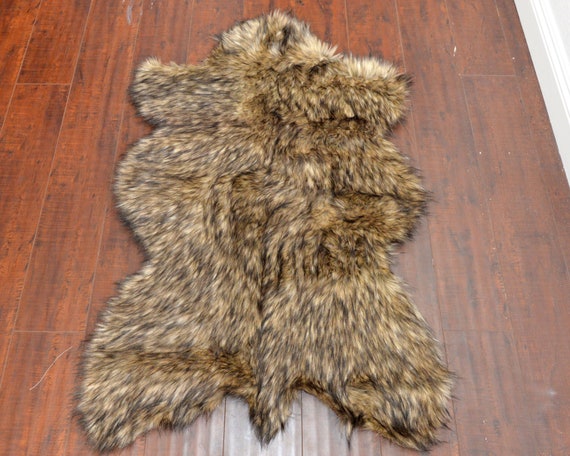 Wolf Fur Skin Area Rug Synthetic Material Handmade USA Nonslip Suede Bonded