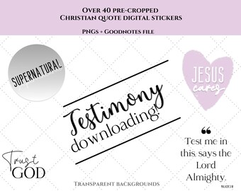 Christian Testimony digital stickers, pre-cropped+ Goodnotes file, individual PNGs, Bible verse quote stickers for planner & journal