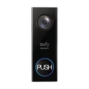 May include: A black Eufy Security doorbell with a round camera lens and a white "PUSH" button.