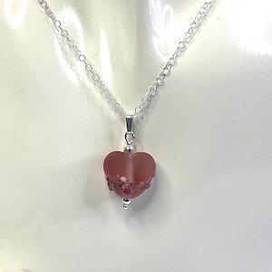 Handmade Pink Glass Heart Pendant Necklace: Sterling Silver Chain