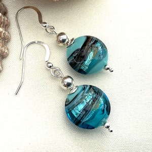 Aquamarine and Turquoise Swirl Murano Glass Earrings, Venetian Glass Earrings with Silver Beads, Ideal Gift or for Special Occasions