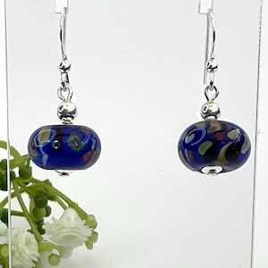 Blue Custom Hand Made Glass Earrings, Cobalt Blue and Multi Colour Glass Bead Earrings, Ideal Gift or Special Occasion Wear