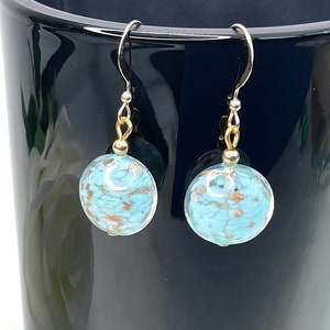 Turquoise Murano Glass Earrings: Aventurine Core, Gold Earwires