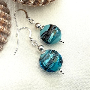 Aquamarine and Turquoise Swirl Murano Glass Earrings, Venetian Glass Earrings with Silver Beads, Ideal Gift or for Special Occasions