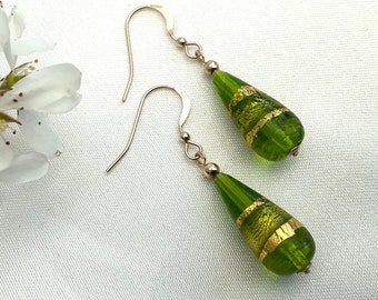 Green Murano Glass Teardrop Earrings Filled with Gold Foil Venetian Glass Special Occasions Ideal Gift For Her