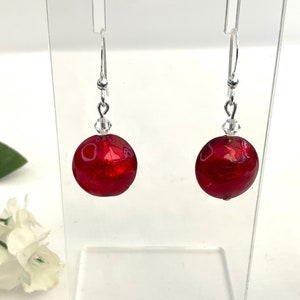 Red Murano Glass Drop Earrings with Swarovski Crystals, Pretty Ruby Red Lentil Glass Beads Ideal Gift or for Special Occasion Wear