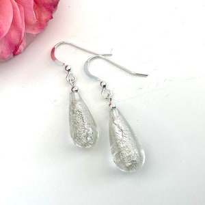 Shimmery Murano Glass Earrings: Sterling Silver, Teardrop Crystal