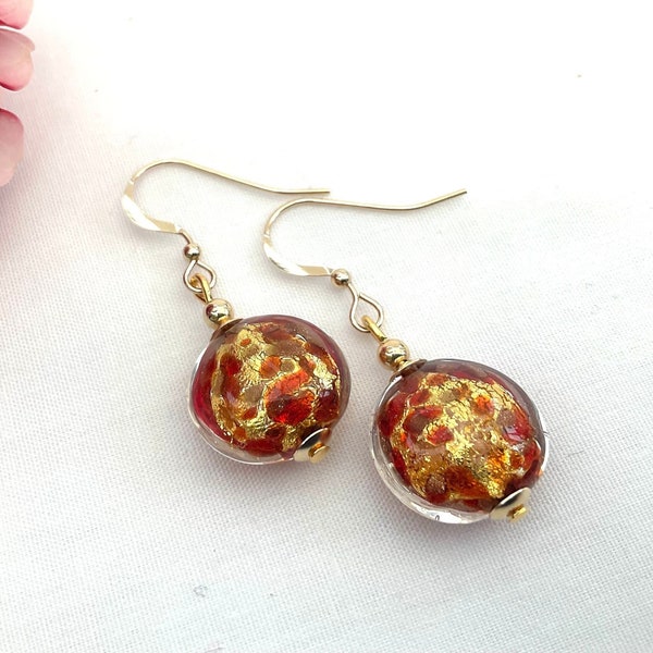 Red Gold Murano Glass Earrings with Aventurine Ideal as a Gift or for Special Occasion Wear