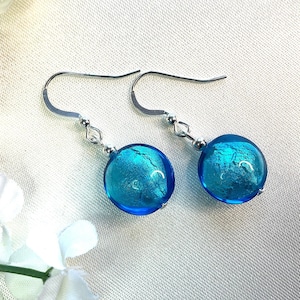 Cobalt Blue Murano Glass Earrings: Dark Aquamarine Venetian Earrings, Sterling Silver Earwires