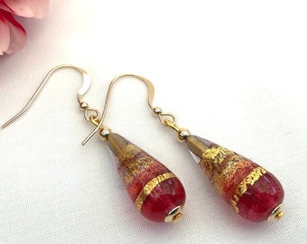 Light Ruby Red and Gold Murano Glass Small Drop Earrings Venetian Glass from Murano, Italy,  Special Occasions Ideal Gift For Her