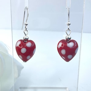 Red Spotty Heart Murano Glass Earrings, Ideal Valentine Gift, Glass Heart Earrings with Sterling Silver