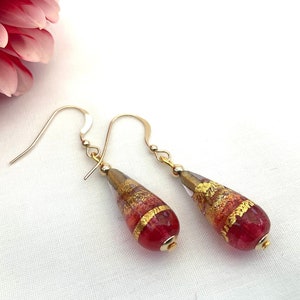Ruby Red Murano Glass Drop Earrings: Venetian Beads with 24kt Gold Swirls