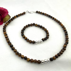 Tigers Eye Necklace or Bracelet Quality Natural Beads with Silver Beads Ideal Gift for Men and Women, Special Occasion Wear